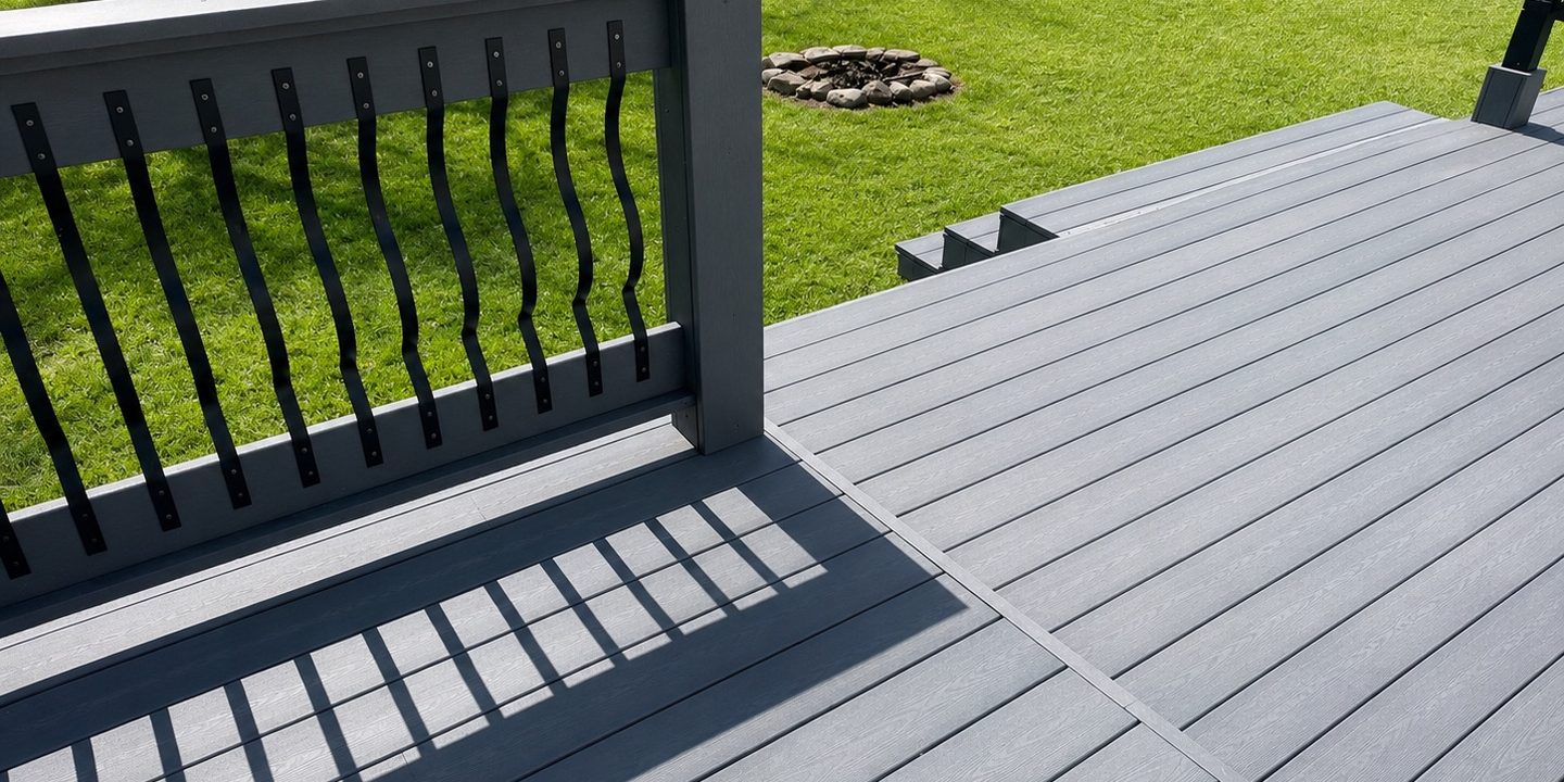 A finished deck in light grey recycled plastic lumber with a matching railing, looking along the board run