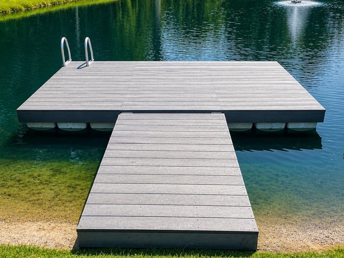 A swim dock decked in recycled plastic lumber on a clear pond