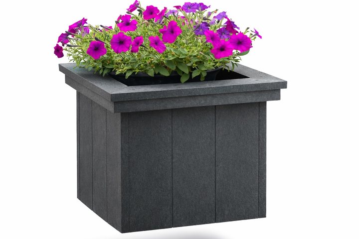 A recycled plastic planter box