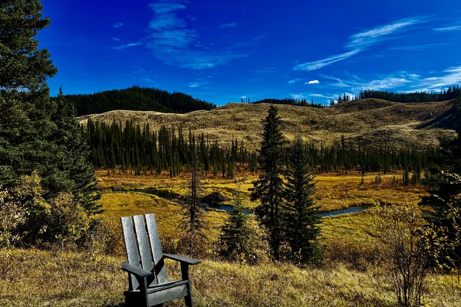 A recycled plastic Adirondack chair on a hillside above an autumn valley