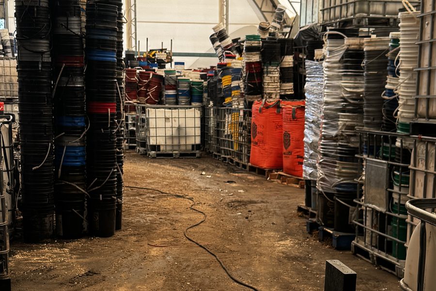 Used paint and oil pails collected for recycling into plastic lumber