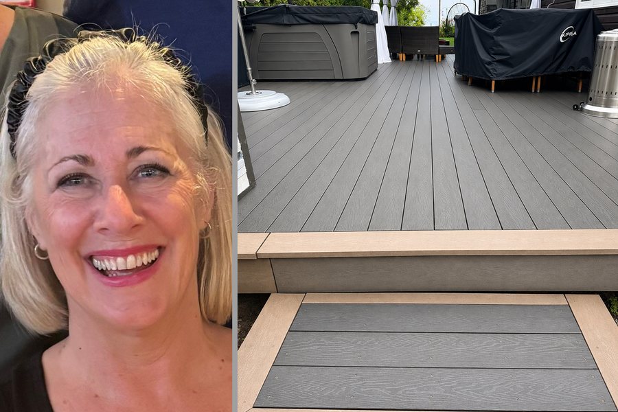 Susan LaRue beside her finished deck in grey recycled plastic lumber, Georgina, Ontario